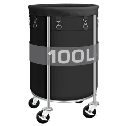 100L Round Rolling Laundry Hamper Basket with Wheels, Black | Laundry Sorter Cart with Removable Bag, Clothes Organizer, Metal Frame, Bedroom, Bathroom, Laundry Room, Dorm Use - color: Black