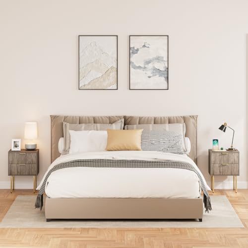 Nightstand,Small Bedside Table with Gold Frame,Grey Night Stand,Bedside Furniture,Side Table with 2 Drawers for Bedroom,Living Room (2Drawers, Grey) - color: Grey, style: 2Drawers