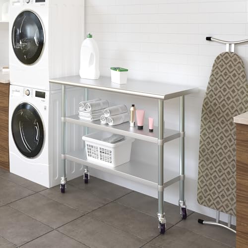 AmGood Stainless Steel Work Table with 2 Shelves and Casters | Metal Utility Table On Wheels (Stainless Steel Work Table with 2 Shelves + Casters, 48" Long x 18" Deep) - size: 48" Long x 18" Deep