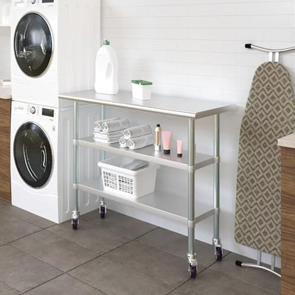 AmGood Stainless Steel Work Table with 2 Shelves and Casters | Metal Utility Table On Wheels (Stainless Steel Work Table with 2 Shelves + Casters, 48" Long x 18" Deep) - size: 48" Long x 18" Deep
