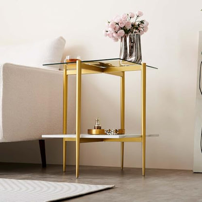 LumFurn Square Glass End Table, Mid-Century Modern Design Sofa Table, for Living Room, L18 x W18 x H23, Clear Glass Top and White Marble MDF Shelf, Sleek Conical Metal Legs with Gold Finish - color: Clear & White Marble, size: L18" Square End Table