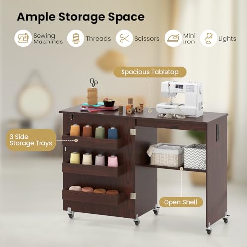 Giantex Folding Sewing Table with Charging Station, Storage Trays & Shelf | Rolling Craft Table with Lockable Wheels, Foldable Sewing Machine Cabinet Desk for Small Spaces, Dorms, Espresso - color: Espresso