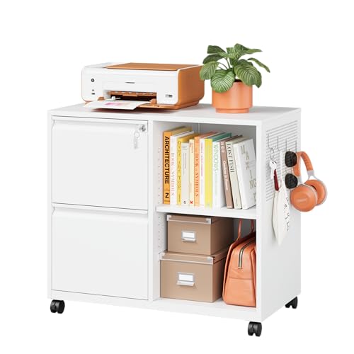 Metal 2 Drawer File Cabinet with Side Hook, Lockable Lateral Filing Cabinet for Letter/A4/Legal Size Files,Rolling Printer Stand with Adjustable Shelf & Lockable Wheelss for Home Office(White) - color: White, size: 31.5"W x 28"H x 17"D - A