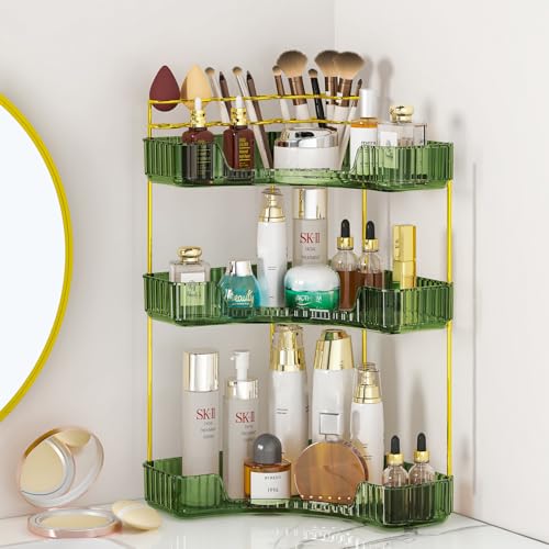 SUNZOS 3-Tier Corner Bathroom Counter Organizer, Bathroom Organizer Countertop with Makeup Brush Holder, Vanity Makeup Cosmetic Storage, Corner Storage Organizers for Dresser - color: Green, size: 3 Tier
