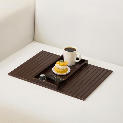 Bamboo Couch Arm Tray Table，Foldable Sofa Armrest Tray Table for Couch，Flexible and Anti-Slip Couch Arm Cup Holder，Portable Sofa Arm Chair Table for Drink,Cups, Eats，Snacks, Phone, Remote - color: Mahogany