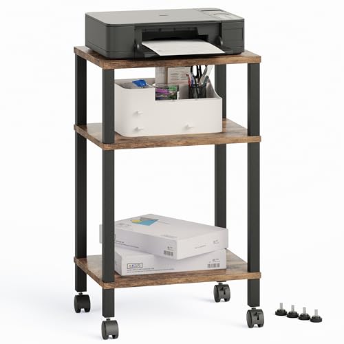 3-Tier Printer Stand with Storage, Mobile Printer Cart with Rolling Casters & Adjustable Feet, Under Desk Storage Shelf for Home Office, Small Printers,Rustic Brown, 15.7" x 11.8" x 25.9" - color: Rustic Brown, size: Standard