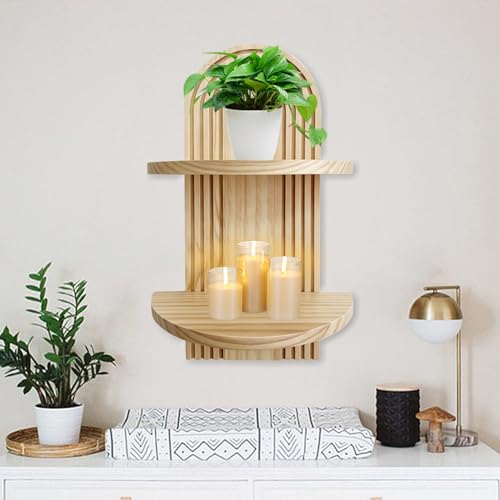 Boho Wall Decor Plant Wall Shelf, 2-Tier Wooden Floating Shelves, Arched Wall Mounted Shelf, Hanging Plant Stand for Small Plants, Decor, Books, for Bedroom Living Room Office (Natural color) - color: Natural Color