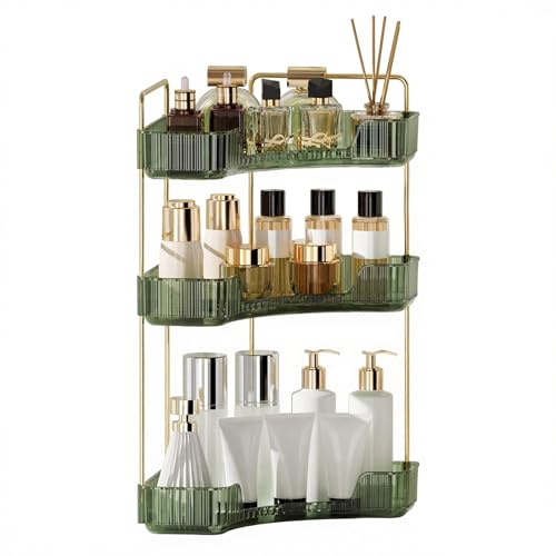 YCIA&DONE Corner Bathroom Counter Organizer, Makeup Organizer for Vanity, Skincare Cosmetic Perfume Tray, Corner Countertop Shelf Rack Storage for Bathroom Kitchen 3 Tiers (Vintage Green) - color: Green, size: 3-Tier