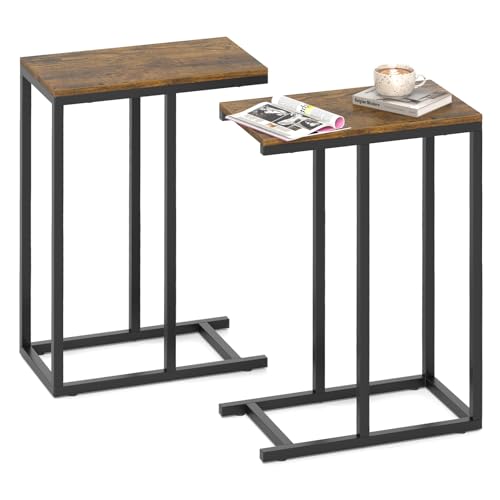 Giantex C Shaped End Table Set of 2, Small Side Tables for Sofa, Couch Table That Slide Under with Metal Frame, Industrial TV Tray Table for Small Spaces, C Table for Living Room Bedroom, Rustic Brown - color: Rustic Brown