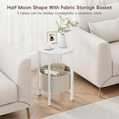Vagusicc Side Table, Small Round End Table, Tall Accent Table with Storage Basket, Set of 2 Half Round Coffee Tables Half Moon Tables, Bedside Table, Modern Nightstand for Living Room Bedroom, White - color: White