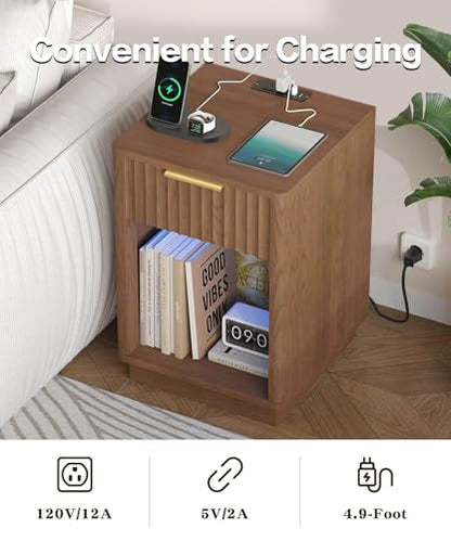 Akxomel Fluted Nightstand, Wooden Night Stand with Charging Station and LED Light, Modern Mid Century End Table with Drawer, 15" D x 15.7" W x 22.6" H, for Bedroom, Walnut - color: Walnut
