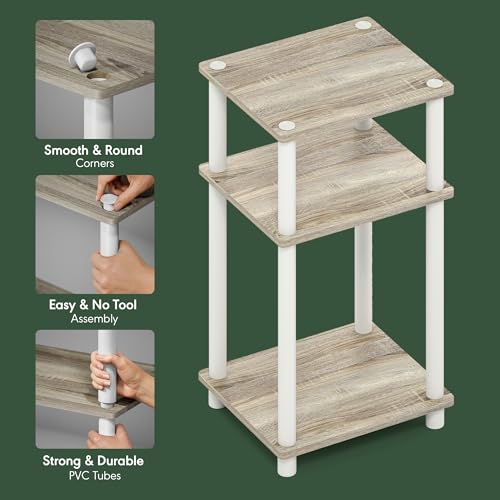 Furinno Turn-N-Tube 3-Tier Toolless Side Table, Narrow Printer Stand with Open Shelf, End Table, Night Stand, for Living Room, Bedroom, Light Oak - color: Light Oak/White