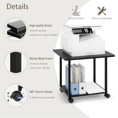 MARTY 22"x15.75" Large Printer Stand Under Desk, Rolling Cart Printer Table | 2 Tier Rolling Printer Cart with Wheels, Storage Shelf, Fit Printer/Fax/3d/Scanner, For Home Office Dorms, Heavy Duty, Black - color: Black