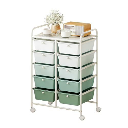 GLACER 10 Drawer Rolling Cart, Storage Cart with Lockable Whieels & Metal Frame, Trolley for Art Craft Oganizer, Mobile Utility Cart for Office, School, Classroom, Kitchen (Green Gradient) - color: Green Gradient, size: 10 Drawers (Big)
