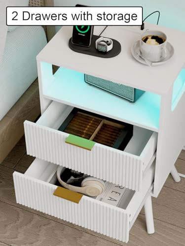 Leomonio Nightstand with Charging Station and LED Lights, Modern Bedside Table with 2 Storage Drawer and Open Wood Shelf for Bedroom and Small Spaces, Night Stand with Solid Wood Legs - color: White-outlet