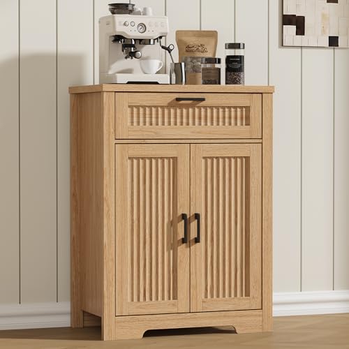 Buffet Cabinet with Storage Drawer, Farmhouse Coffee Bar Table with Storage Drawer and Adjustable Shelf, Small Fluted Sideboard Cabinet for Kitchen, Dining Room, Living Room, Entryway, Natural Oak - color: Natural Oak, size: 1 Drawers + 2 Doors