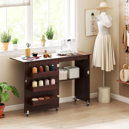 DREAMADE Folding Sewing Table with Storage, Craft Table w/Charging Station, 5 Lockable Wheels, Storage Bins & Shelf, Sewing Machine Desk for Home Office, Apartment, Studio (Brown) - color: Brown
