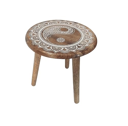 VANIYA CRAFTS® Wooden Engraved Fold-able Side Table/End Table/Plant Stand/Stool for Living Room Bedroom Restaurant Kids Play Furniture Table Round Shape (Natural White) - color: Natural White
