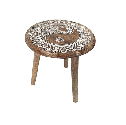 VANIYA CRAFTS® Wooden Engraved Fold-able Side Table/End Table/Plant Stand/Stool for Living Room Bedroom Restaurant Kids Play Furniture Table Round Shape (Natural White) - color: Natural White
