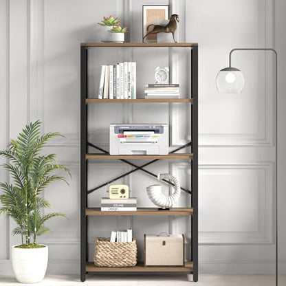 FOLUBAN 5 Tier Tall Bookshelf, Industrial Bookshelves and Bookcases, Modern Rustic Wood and Metal Book Shelf for Bedroom, Living Room and Home Office, Oak - color: Oak, size: 5-Tier