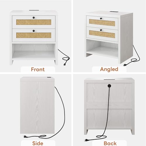 LIKIMIO Rattan Nightstand, 23" Wide Night Stand with Charging Station, Boho Side Table with 2 Drawers and Open Shelf, Bedside Table for Bedroom, White Oak