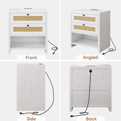 LIKIMIO Rattan Nightstand, 23" Wide Night Stand with Charging Station, Boho Side Table with 2 Drawers and Open Shelf, Bedside Table for Bedroom, White Oak