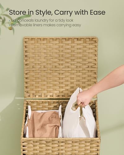 SONGMICS 2-Section Laundry Hamper with Lid, 29 Gal (110L) PE Rattan Laundry Basket with Removable Washable Liners, for Bedroom & Living Room, Goose Yellow ULCB222YE01 - color: Goose Yellow, size: 110 L (2 Basket)