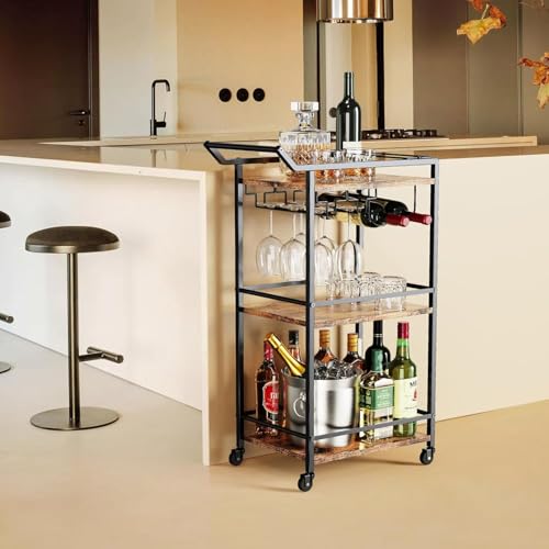 LOTEYIKE 3 Tier Bar Cart, Mini Liquor Utility Cart for Wine Beverage Dinner Party, Rolling Wine Coffee Drink Serving Cart with Lockable Wheels for Home Kitchen Bars (Rustic Brown) | Rolling Wine Coffee Drink Serving Cart with Lockable Wheels for Home Kitc