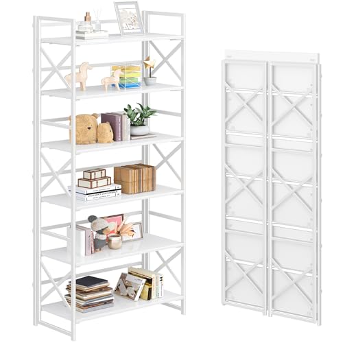 4NM 6 Tiers No Assembly Book Shelves, 61.8" H Folding Bookshelf Bookcase Open Industrial Foldable Shelves for Bedroom, Living Room, Home Office - All White - color: All White, size: XX 6-Tier