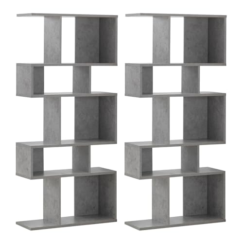 GIANTEX 5-Tier Geometric Bookshelf Set of 2, 70'' Tall Wood Freestanding Decorative Display Open Shelves with Anti-Tipping Device, Each Shelf Holds up to 44 lbs, Wooden S Shaped Bookcase, Gray - color: Grey