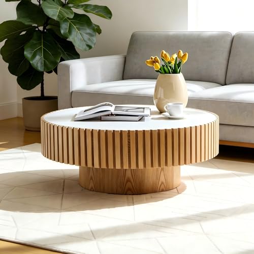 Round Coffee Table Wood Ø35.43'' X 13.77''H Drum Coffee Tables Sintered Stone Tabletop for Living Room Small Space Fluted Circle Cocktail Tea Modern Center Apartment Home Furniture Easy Assembly - color: 35.43 Wood Sintered