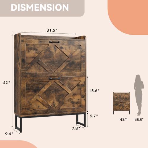 Nicetree Shoe Storage Cabinet with 2 Flip Drawers, Freestanding Wood Shoe Organizer with Metal Legs, Farmhouse Slim Shoe Rack for Entryway, Foyer, Hallway, Rustic Brown - color: Rustic Brown