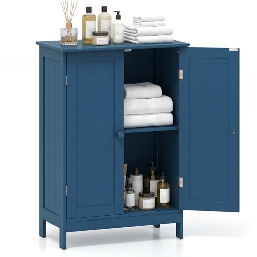 Tangkula Bathroom Storage Cabinet, Freestanding Wooden Floor Cabinet with Double Doors, Adjustable Shelf, Modern Storage Organizers for Kitchen, Living Room, Entryway (Prussian Blue) - color: Prussian Blue
