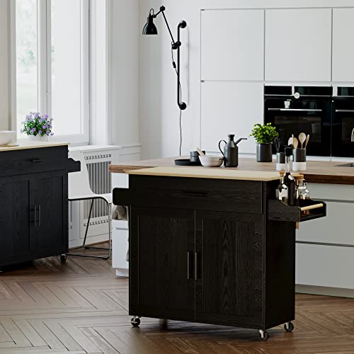 IRONCK Rolling Kitchen Island Cart with Drop-Leaf and Wine Rack, Black | Wheels, Drawers, Open Shelves, Adjustable Shelves, and Spacious Drawer Storage - color: Black