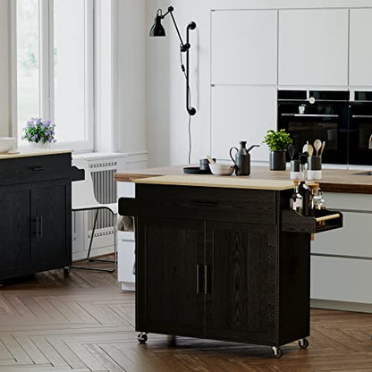 IRONCK Rolling Kitchen Island Cart with Drop-Leaf and Wine Rack, Black | Wheels, Drawers, Open Shelves, Adjustable Shelves, and Spacious Drawer Storage - color: Black
