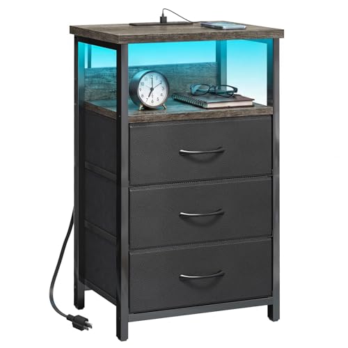 Fixwal Night Stand with Charging Station, LED Nightstand with U-S-B Ports and Outlets, 3 Fabric Storage Drawers with PU Finish, Bed Side Table, Charcoal Gray - color: Charcoal Gray, size: 27.6"H (3 drawers), style: Power+Light (1pc)
