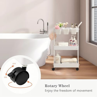 danpinera Storage Cart on Wheels, 3 Tier Slim Laundry with Wheels Bathroom Organizer with Hanging Cups Hooks Dividers Handle Mobile Rolling Art Cart for Bathroom Kitchen Narrow Places, White - style: 3 Tier White