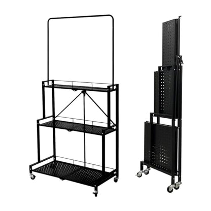 lumizone Foldable 4-Tier Plant Stand With Wheels Indoor Outdoor Black | Hanging Plant Shelf No Assembly Required Pot Placement Area Sturdy Fall Prevention Storage Shelf Flower Pot Stand