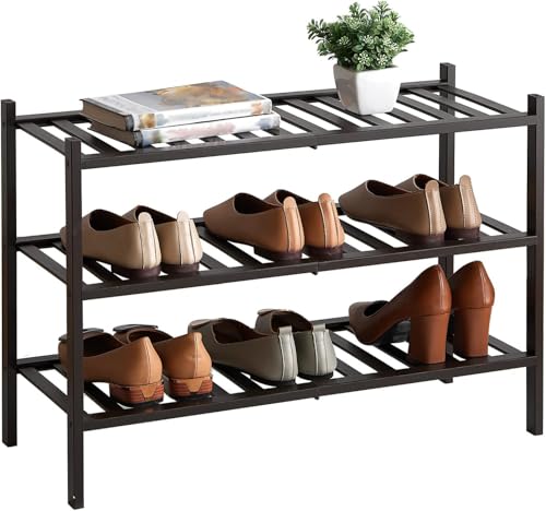 Shoe Rack, 3-Tier Bamboo Stackable Shoe Shelf Storage Organizer, Shoe Stand for Closet, Entryway and Hallway - color: Brown, size: 3-Tier-Standard