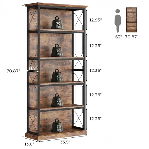 IRONCK 71 Inch Industrial Bookshelf, 5 Tier Tall Bookshelf and Bookcase to Display and Collect, Thicken Wood Rustic Book Shelf with Thicken Metal Frame for Living Room and Bedroom, Rustic Brown