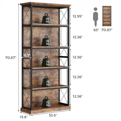 IRONCK 71 Inch Industrial Bookshelf, 5 Tier Tall Bookshelf and Bookcase to Display and Collect, Thicken Wood Rustic Book Shelf with Thicken Metal Frame for Living Room and Bedroom, Rustic Brown