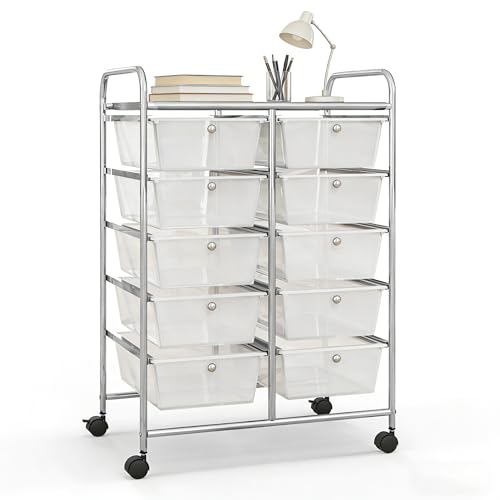 COSTWAY 10 Drawer Rolling Storage Cart, Utility Cart with Lockable Wheels | Mobile Art Supply Craft Organizer with Metal Frame, Multipurpose Drawer Cart for Paper for Office, School, Transparent - color: Transparent, size: 10 Drawer