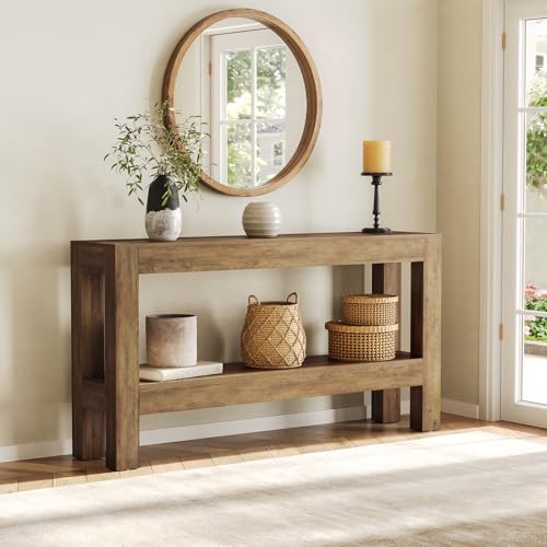 LITTLE TREE 63-Inch Entryway Console Table, Long Farmhouse Narrow Sofa Table for Living Room, Hallway, Entry, Entrance, Foyer, Behind Couch with 2-Tier Shelves, Rustic Brown - color: Light Brown