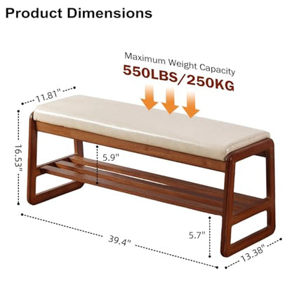 SOBIBO Solid Wood Shoe Bench, 2-Tier Wooden Entryway Bench, Modern Shoe Rack with Faux Leather Cushion for Hallway, Living Room (Gray, 39.4'') - color: Beige, size: 39.4 inches