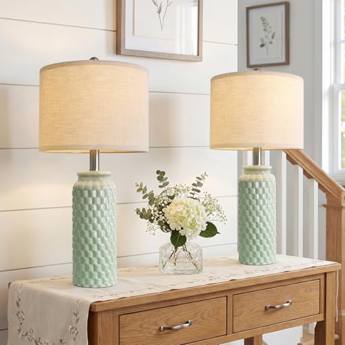 USumkky 24" Modern Ceramic Green Bedside Lamp Set of 2 Table Lamp for Bedroom Decor Farmhouse Table Lamp for Living Room Office Dorm - color: 24" Large Creen-2 Pack