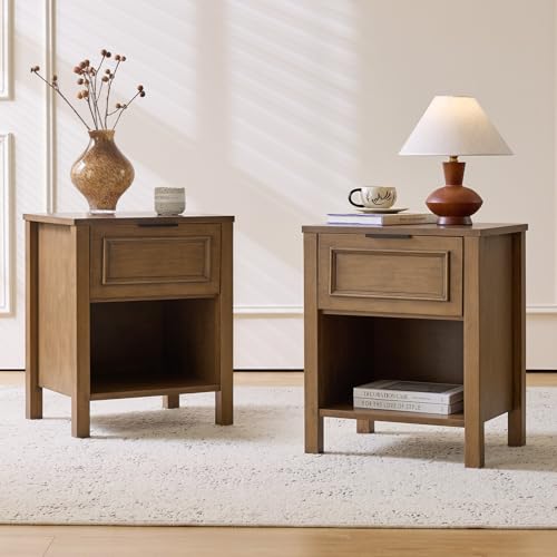 Nightstands Set of 2 with Drawer, Solid Wood Bedside Table Sofa End Table | Malaysian Rubberwood, with Open Storage Shelf, 19.3 inch Wide Tabletop, Modern Country Rustic, for Bedroom, Caramel - color: Caramel, size: 2 Pack