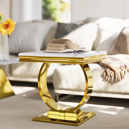 Asday Gold End Table Set of 2, White Side Table for Living Room, Bedroom, 2 Stable End Tables with U-Shaped Polished Gold Base and Square Bottom Plate - color: White, size: Set of 2