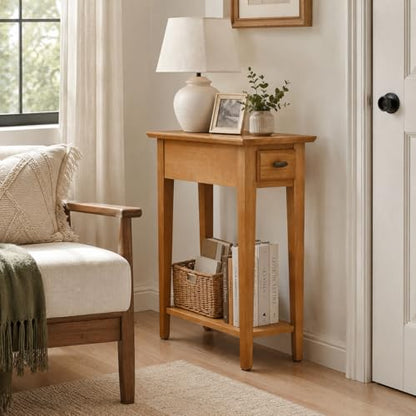 Leick Home Teegan End Table, Solid Wood, 1 Storage Drawer, Bottom Display Shelf, Narrow, Easy-Assembly, For Living Room/Bedroom, Desert Sand, 24.0 in. L x 10.0 in. W x 24.0 in. H, 10071-DS - color: Desert Sands