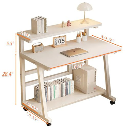 31.5 Inch Rolling Computer Desk for Small Spaces, Monitor Stand & 3-Tier Storage with Lockable Wheels, Easy Assembly for Bedroom, Dorm & Apartment