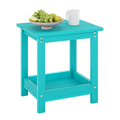 LUE BONA Small Outdoor Side Table, 2-Tier HDPE with Rail, Aruba Blue | Outdoor End Table with Rail for Patio, Deck, Poolside, Weather Resistant HDPE, Low Maintenance, Easy to Clean - color: Aruba Blue